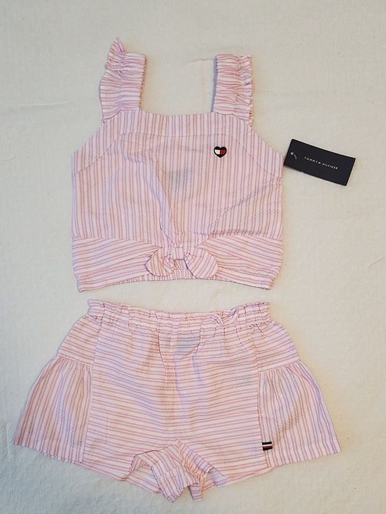 Tommy Hilfiger Other - Tommy Hilfiger Girls Pink White Striped Tie Front Top & Ruffled Shorts Set NWT